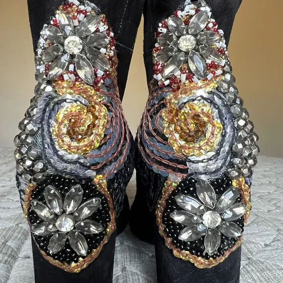 Strategia Black Suede Jewel Embellished Ankle Boot Block Heel Women’s EU 37 US 7