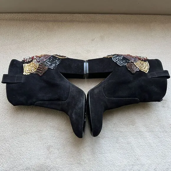 Strategia Black Suede Jewel Embellished Ankle Boot Block Heel Women’s EU 37 US 7