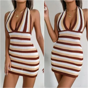 Striped Sunbeam Backless Dress - Tan