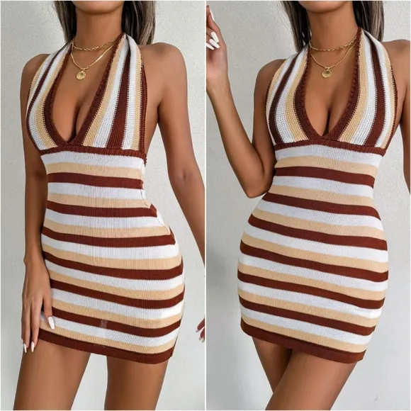 Striped Sunbeam Backless Dress - Tan
