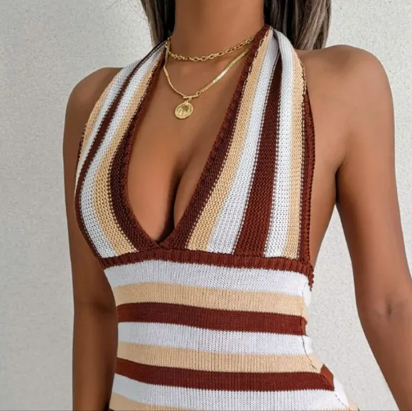 Striped Sunbeam Backless Dress - Tan