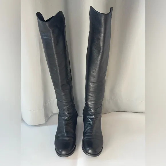 STUART WEITZMAN ICONIC 50/50 BLACK LEATHER OVER THE KNEE EASY PULL ON BOOTS SZ 7