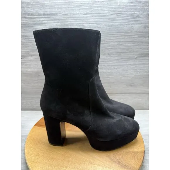 Stuart Weitzman Lala Suede Platform Block Heel Zip Bootie in Black Size 8.5
