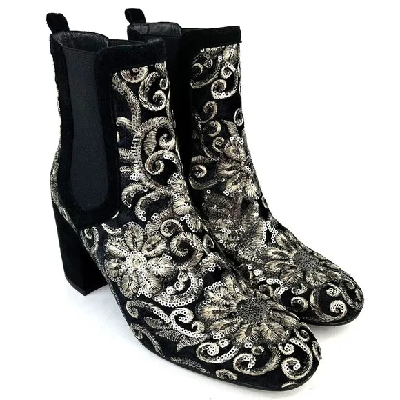 Stuart Weitzman Mediate Embellished Metallic Chelsea Booties Black Womens 9 M