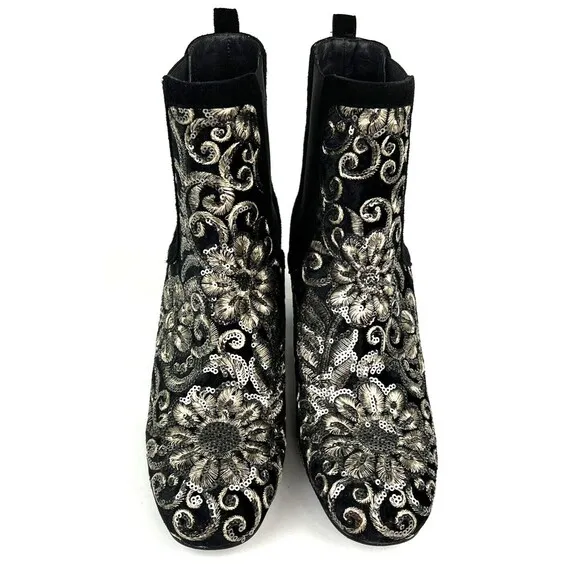 Stuart Weitzman Mediate Embellished Metallic Chelsea Booties Black Womens 9 M
