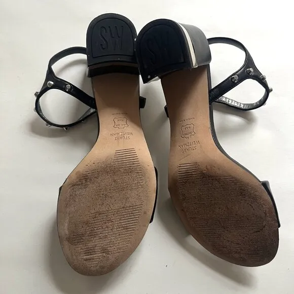 Stuart Weitzman MYGAL Black Nappa Studded Sandals 6.5