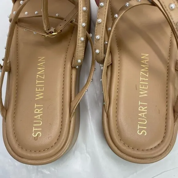 Stuart Weitzman Summerlift faux pearl embellished leather platforms sandals Wome