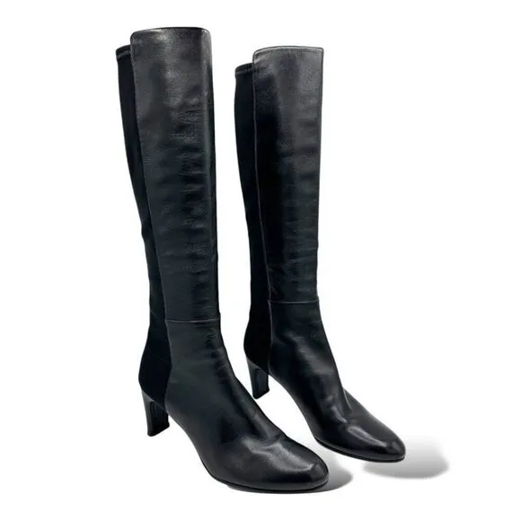 Stuart Weitzman Women Knee High Black Leather and Stretch Fabric Heeled Boot 8.5