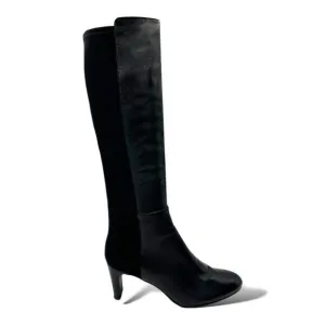 Stuart Weitzman Women Knee High Black Leather and Stretch Fabric Heeled Boot 8.5