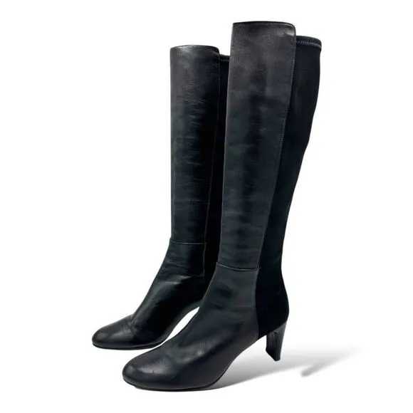 Stuart Weitzman Women Knee High Black Leather and Stretch Fabric Heeled Boot 8.5