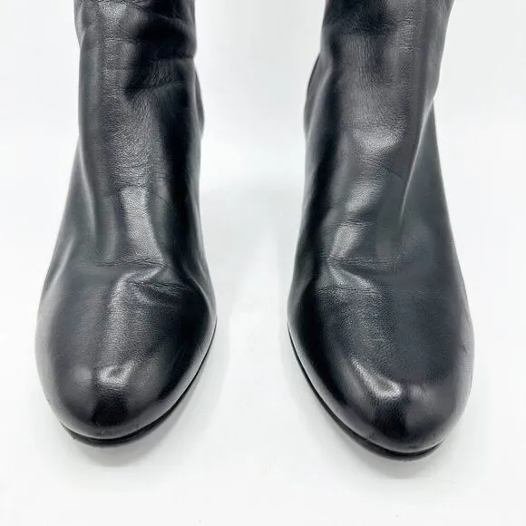 Stuart Weitzman Women Knee High Black Leather and Stretch Fabric Heeled Boot 8.5