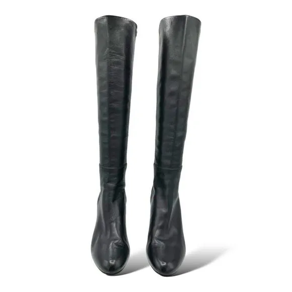 Stuart Weitzman Women Knee High Black Leather and Stretch Fabric Heeled Boot 8.5