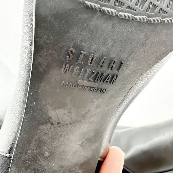 Stuart Weitzman Women Knee High Black Leather and Stretch Fabric Heeled Boot 8.5