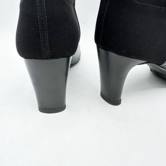 Stuart Weitzman Women Knee High Black Leather and Stretch Fabric Heeled Boot 8.5