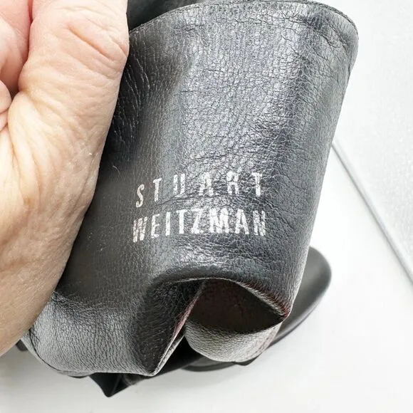 Stuart Weitzman Women Knee High Black Leather and Stretch Fabric Heeled Boot 8.5