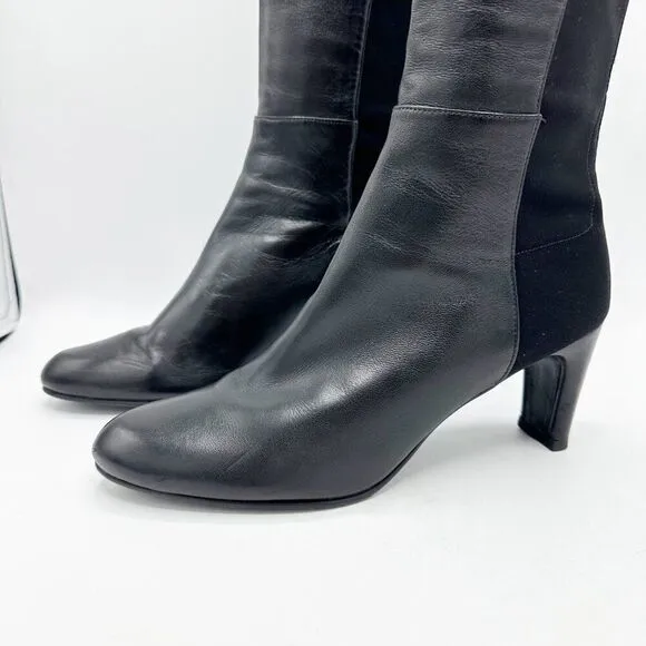 Stuart Weitzman Women Knee High Black Leather and Stretch Fabric Heeled Boot 8.5