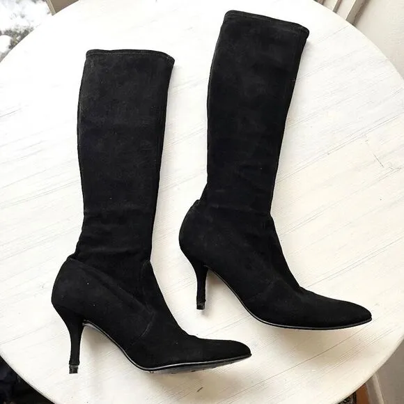 Stuart Weitzman Black Suede Stretch Knee High Boots, Size 9, Made in Spain