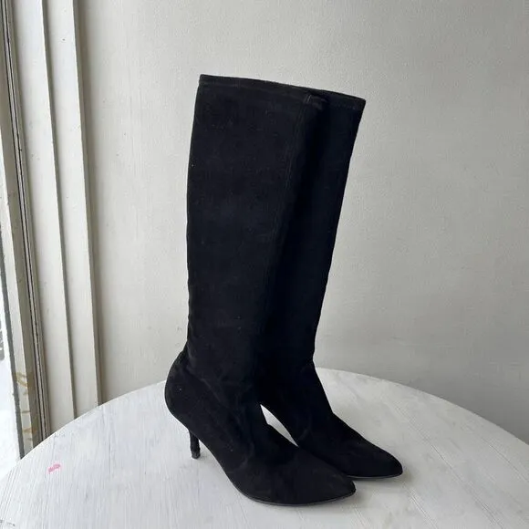Stuart Weitzman Black Suede Stretch Knee High Boots, Size 9, Made in Spain