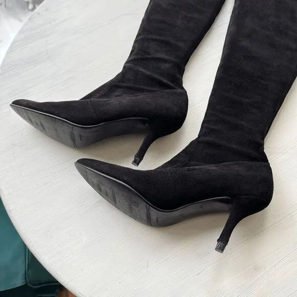 Stuart Weitzman Black Suede Stretch Knee High Boots, Size 9, Made in Spain