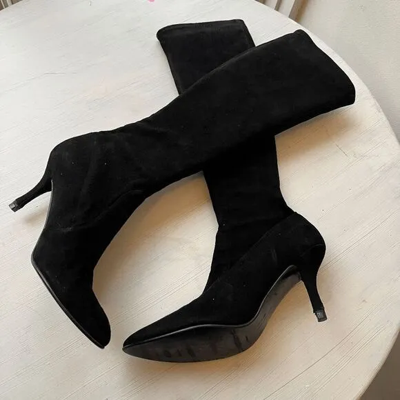 Stuart Weitzman Black Suede Stretch Knee High Boots, Size 9, Made in Spain