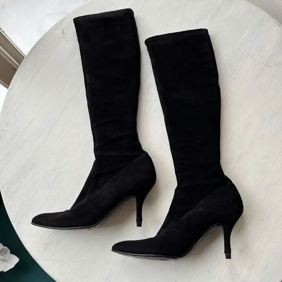Stuart Weitzman Black Suede Stretch Knee High Boots, Size 9, Made in Spain