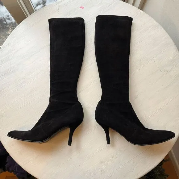 Stuart Weitzman Black Suede Stretch Knee High Boots, Size 9, Made in Spain