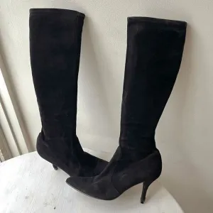 Stuart Weitzman Black Suede Stretch Knee High Boots, Size 9, Made in Spain