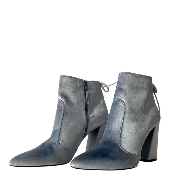 Stuart Weitzman Grandy Silver Bluish Steel Pane Velvet Ankle Boots Size 6.5M