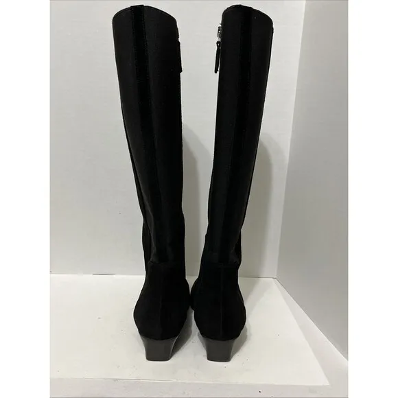 Stunning Aquatalia Ricarda 6.5 Black Suede Tall Dress Boots Stacked Block Heel