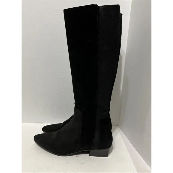 Stunning Aquatalia Ricarda 6.5 Black Suede Tall Dress Boots Stacked Block Heel
