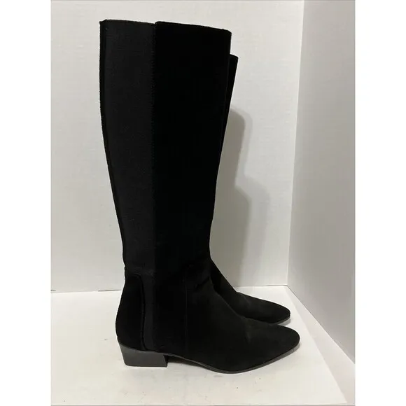 Stunning Aquatalia Ricarda 6.5 Black Suede Tall Dress Boots Stacked Block Heel