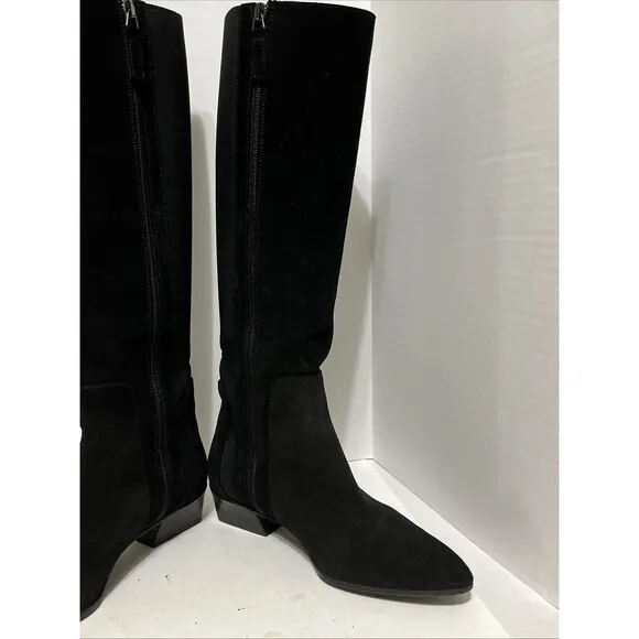 Stunning Aquatalia Ricarda 6.5 Black Suede Tall Dress Boots Stacked Block Heel