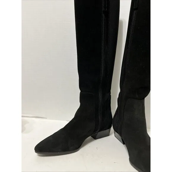 Stunning Aquatalia Ricarda 6.5 Black Suede Tall Dress Boots Stacked Block Heel