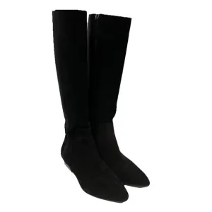 Stunning Aquatalia Ricarda 6.5 Black Suede Tall Dress Boots Stacked Block Heel