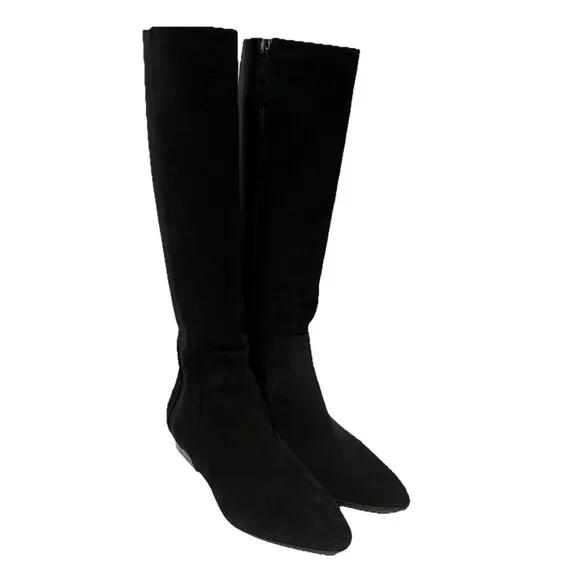 Stunning Aquatalia Ricarda 6.5 Black Suede Tall Dress Boots Stacked Block Heel