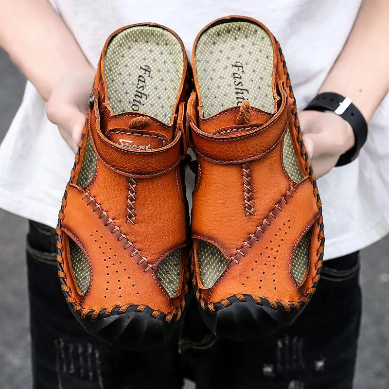 Summer Leather Sandals Men's Breathable Hand Sandals Integrated Dual-use Beach Shoes Slippers Men