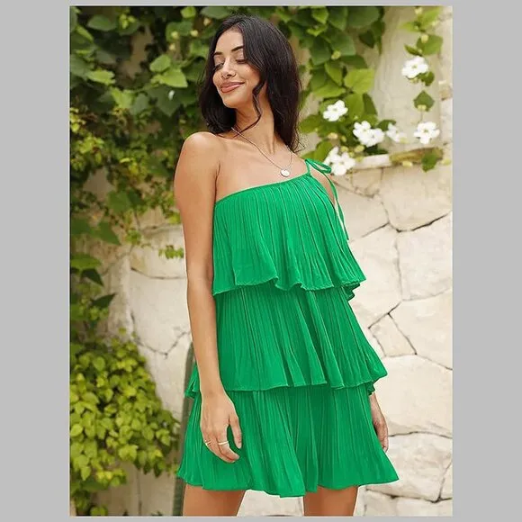 Summer One Shoulder Tie Mini Dresses Light Green