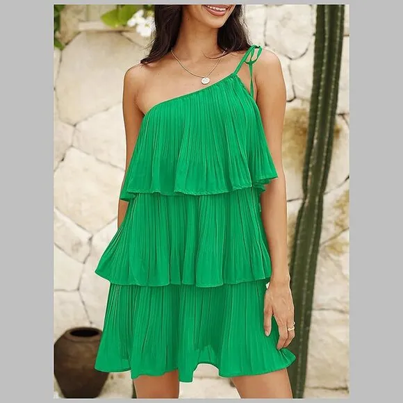 Summer One Shoulder Tie Mini Dresses Light Green
