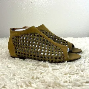 Sundance Delphia Sandals Peep Toe Woven Caning Flats Leather Brown Tan Size 40