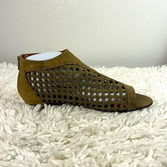 Sundance Delphia Sandals Peep Toe Woven Caning Flats Leather Brown Tan Size 40