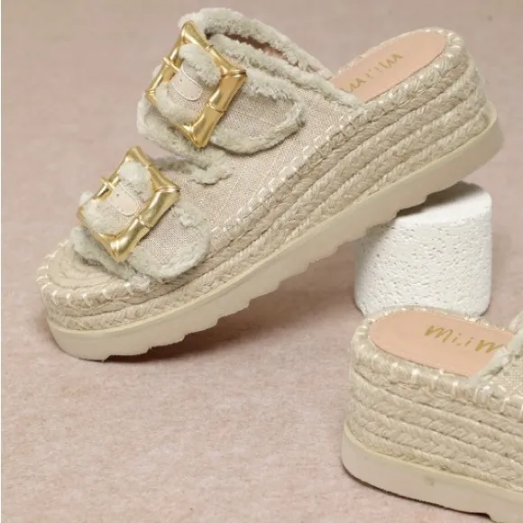 Super Comfortable! Women's Beige Espadrille Raffia Jute Wedge Platform Sandals