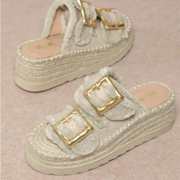 Super Comfortable! Women's Beige Espadrille Raffia Jute Wedge Platform Sandals
