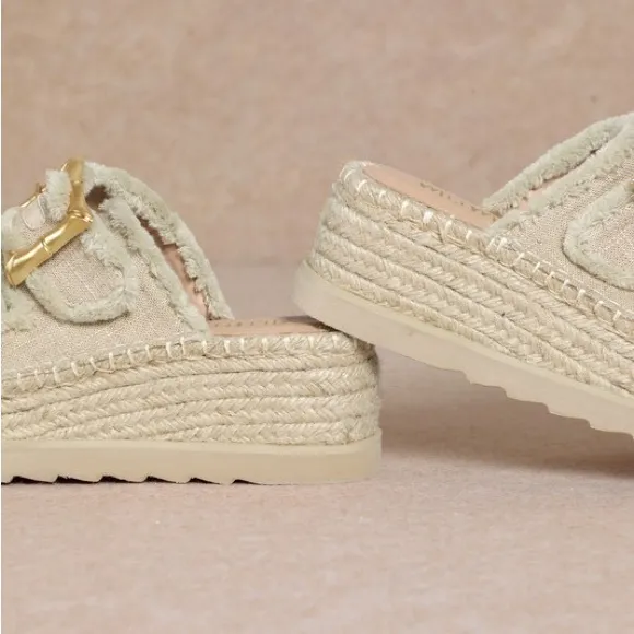 Super Comfortable! Women's Beige Espadrille Raffia Jute Wedge Platform Sandals