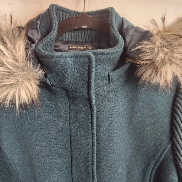Talbots Sweater Sleeve Wool Removable Faux Fur Hooded Parka Jacket Deep Green 10