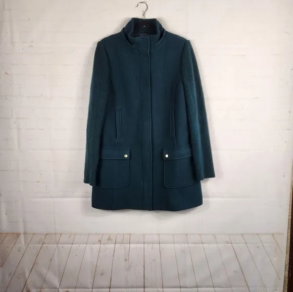 Talbots Sweater Sleeve Wool Removable Faux Fur Hooded Parka Jacket Deep Green 10