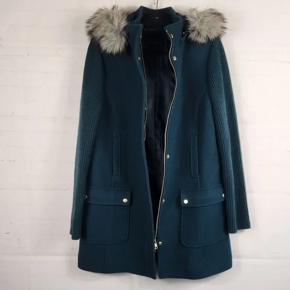 Talbots Sweater Sleeve Wool Removable Faux Fur Hooded Parka Jacket Deep Green 10