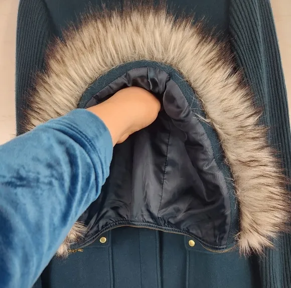 Talbots Sweater Sleeve Wool Removable Faux Fur Hooded Parka Jacket Deep Green 10