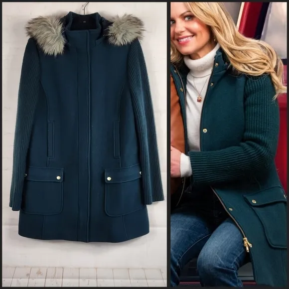 Talbots Sweater Sleeve Wool Removable Faux Fur Hooded Parka Jacket Deep Green 10