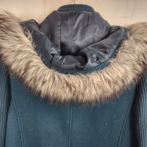 Talbots Sweater Sleeve Wool Removable Faux Fur Hooded Parka Jacket Deep Green 10