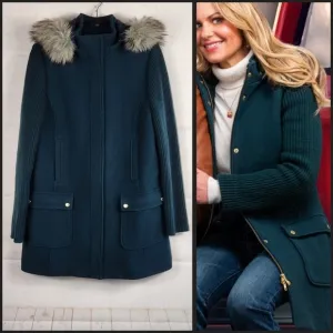 Talbots Sweater Sleeve Wool Removable Faux Fur Hooded Parka Jacket Deep Green 10